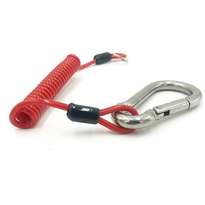 Rood draadversterkt touwband met karabiner en splitsring