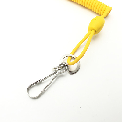 Helder stevig geel elastisch gewikkeld touw met metalen haak en rechthoekige kunststofboei